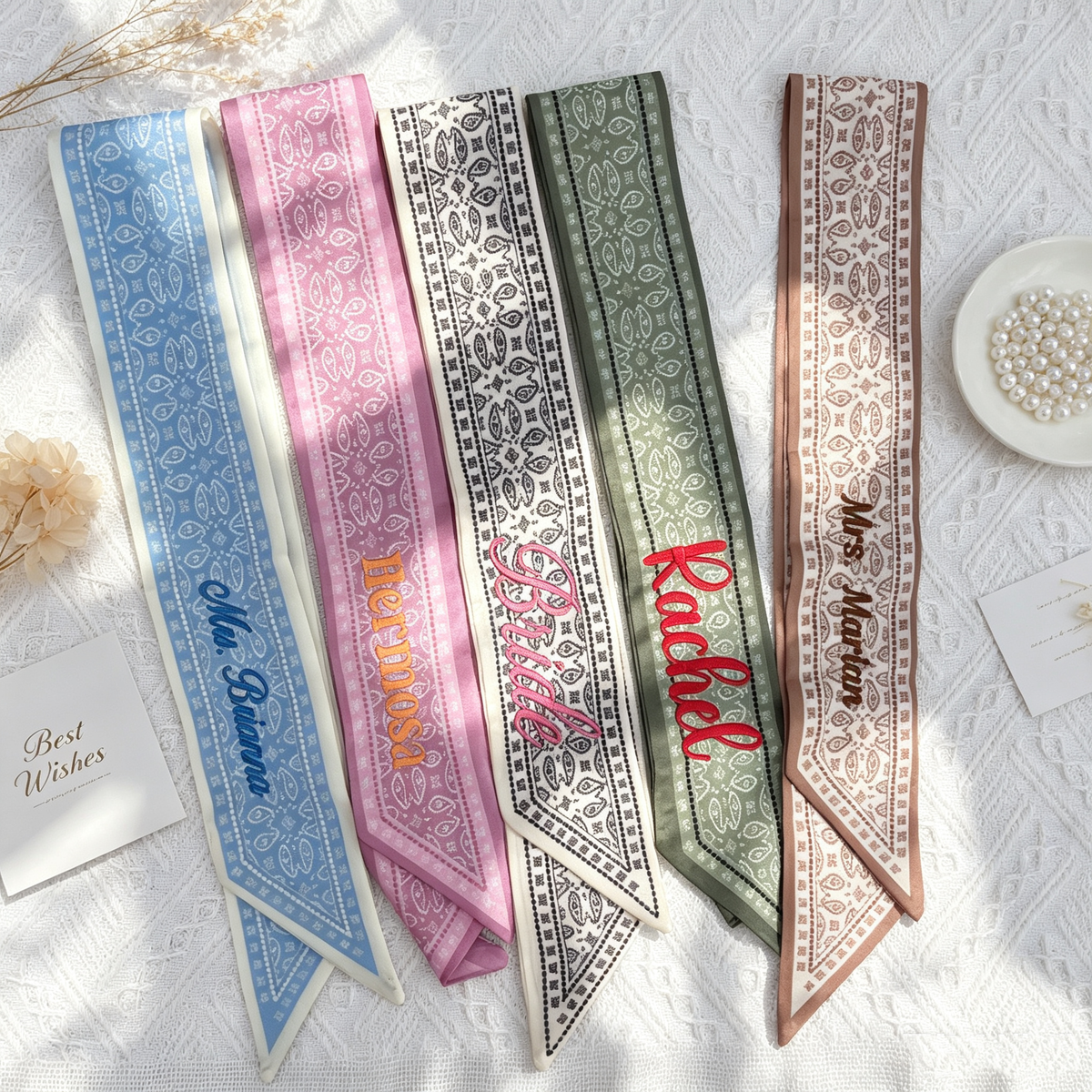 Personalized Name Paisley Skinny Scarf, Vintage Embroidered Mrs Name Hair Ribbon, Bag Handle Wrap