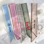 Personalized Name Paisley Skinny Scarf, Vintage Embroidered Mrs Name Hair Ribbon, Bag Handle Wrap