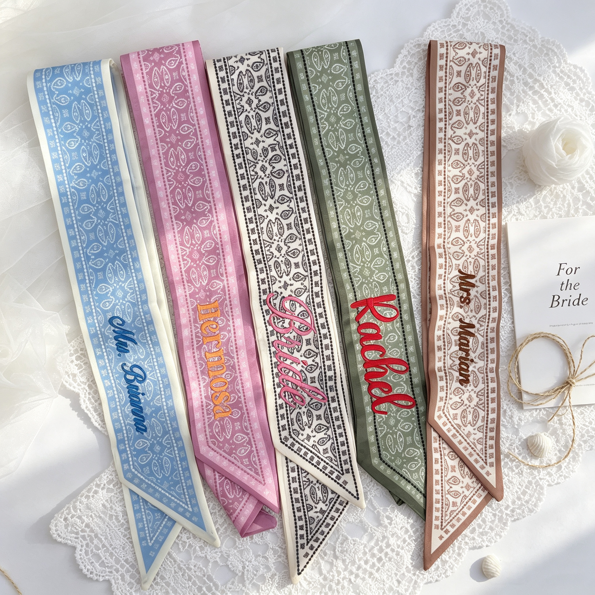 Personalized Name Paisley Skinny Scarf, Vintage Embroidered Mrs Name Hair Ribbon, Bag Handle Wrap