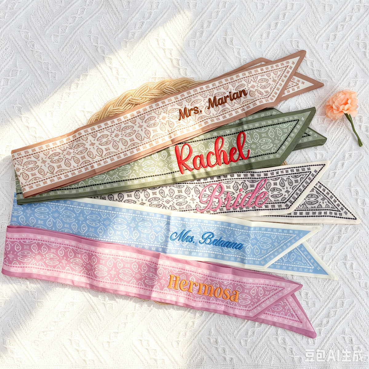 Personalized Name Paisley Skinny Scarf, Vintage Embroidered Mrs Name Hair Ribbon, Bag Handle Wrap