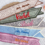 Personalized Name Paisley Skinny Scarf, Vintage Embroidered Mrs Name Hair Ribbon, Bag Handle Wrap