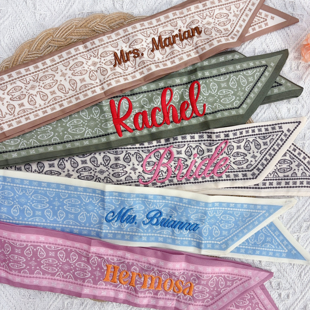 Personalized Name Paisley Skinny Scarf, Vintage Embroidered Mrs Name Hair Ribbon, Bag Handle Wrap