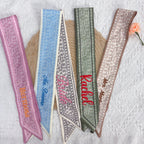 Personalized Name Paisley Skinny Scarf, Vintage Embroidered Mrs Name Hair Ribbon, Bag Handle Wrap